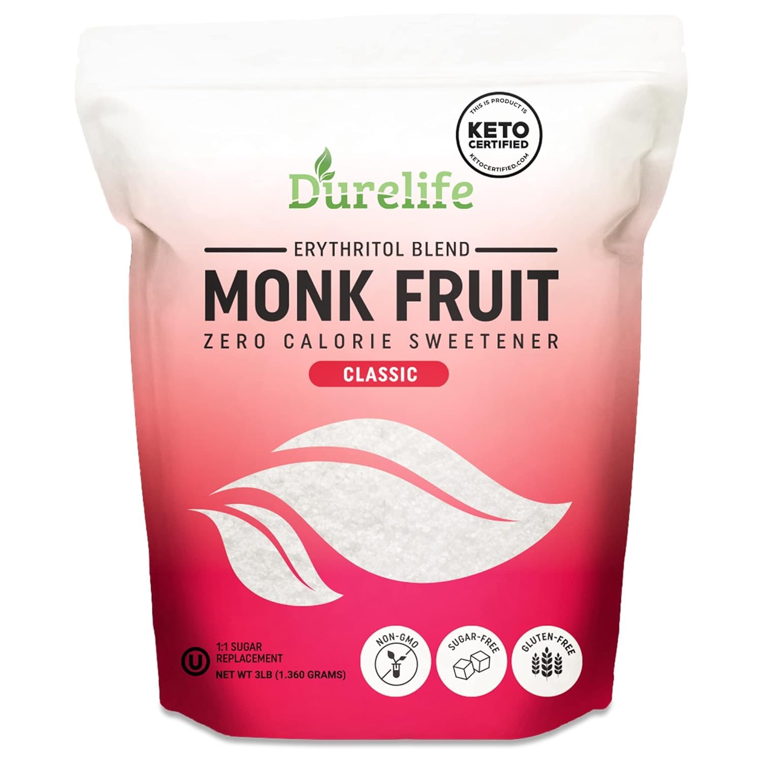DureLife Monk Fruit Sweetener 3lb front package showing zero calorie sugar substitute.