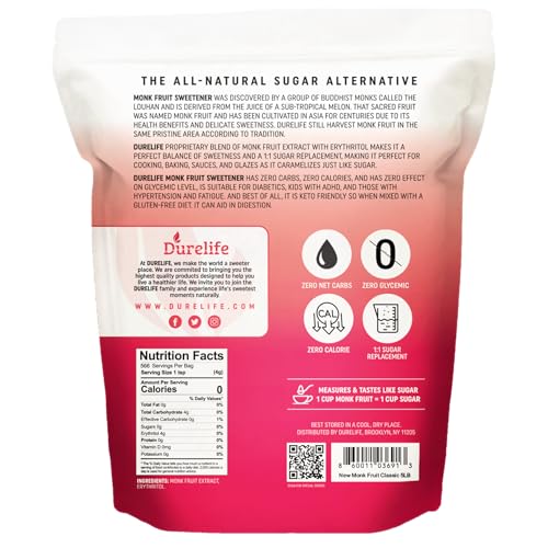 DureLife Monk Fruit Sweetener being poured into a cup for coffee—zero calories.