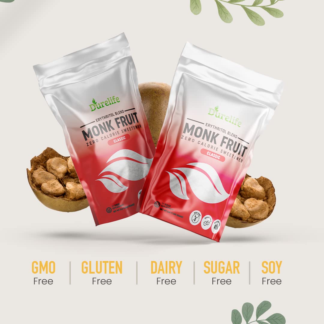 DureLife Monk Fruit Sweetener powder in a baking setup for low-carb recipes.