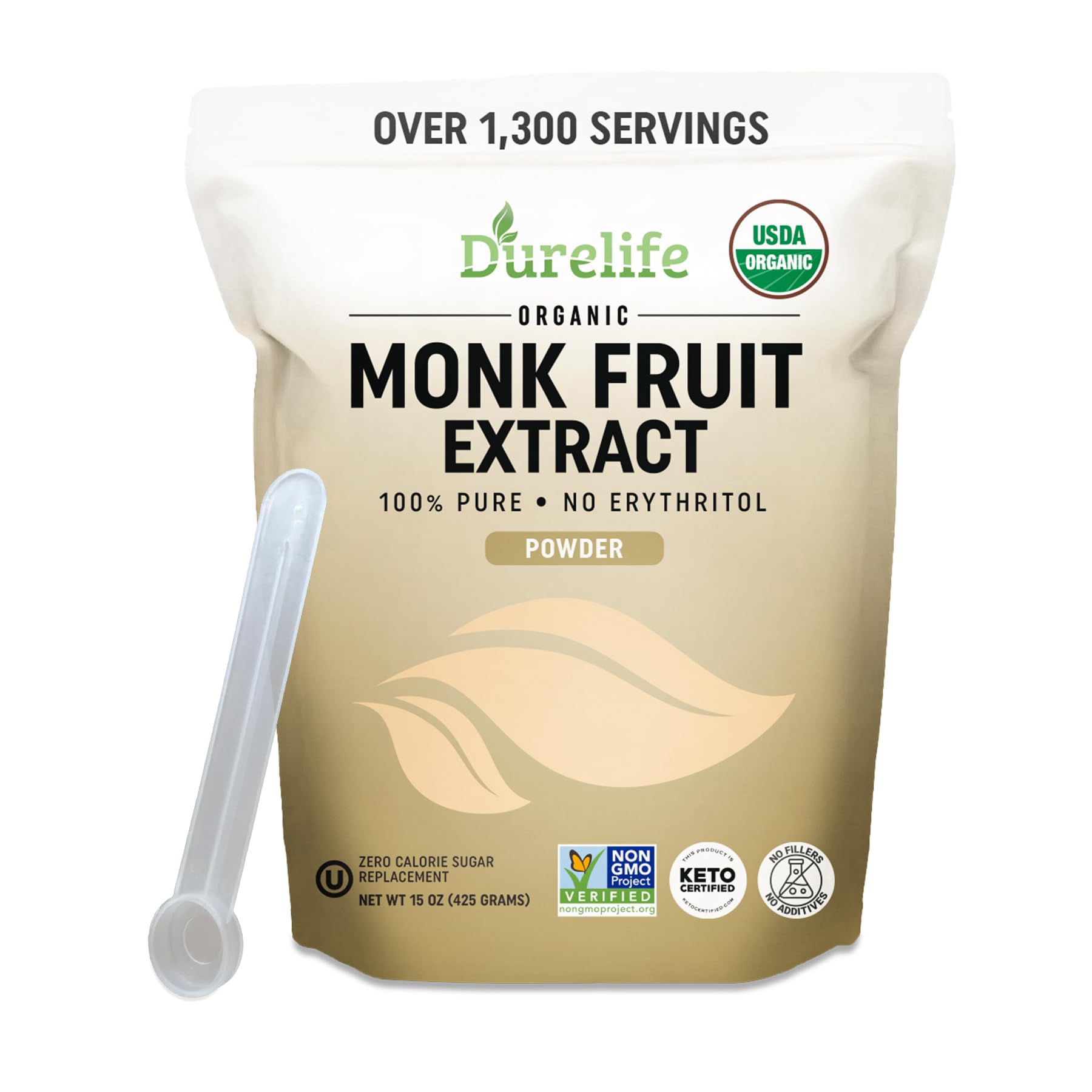 DureLife monkfruit sweetener bag front, organic and pure for everyday sugar replacement.