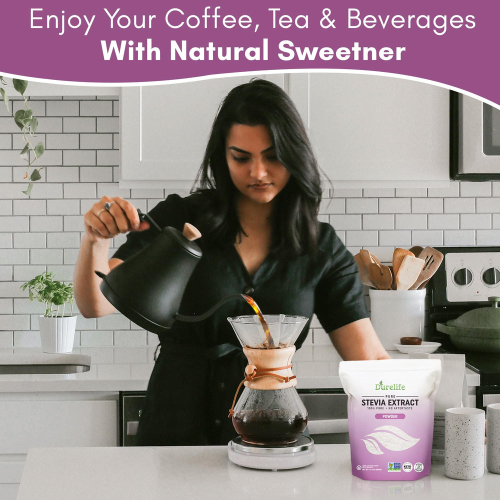 DureLife stevia on the counter beside desserts for flavor enhancement.