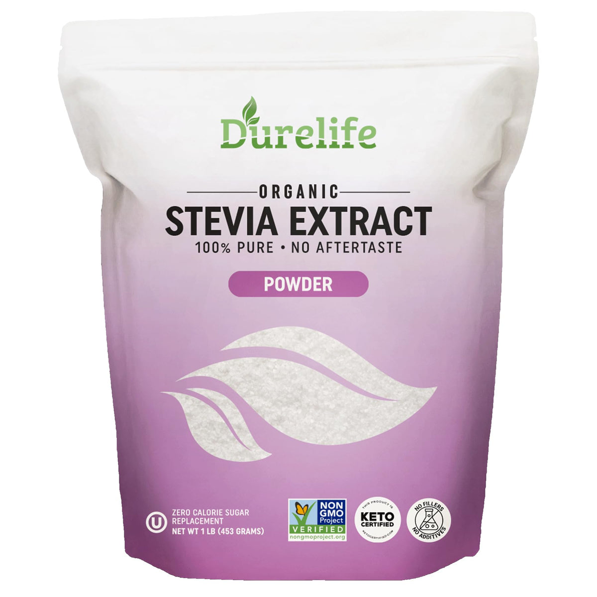 DureLife stevia extract packaging close-up showing pure ingredients for clean sweetness