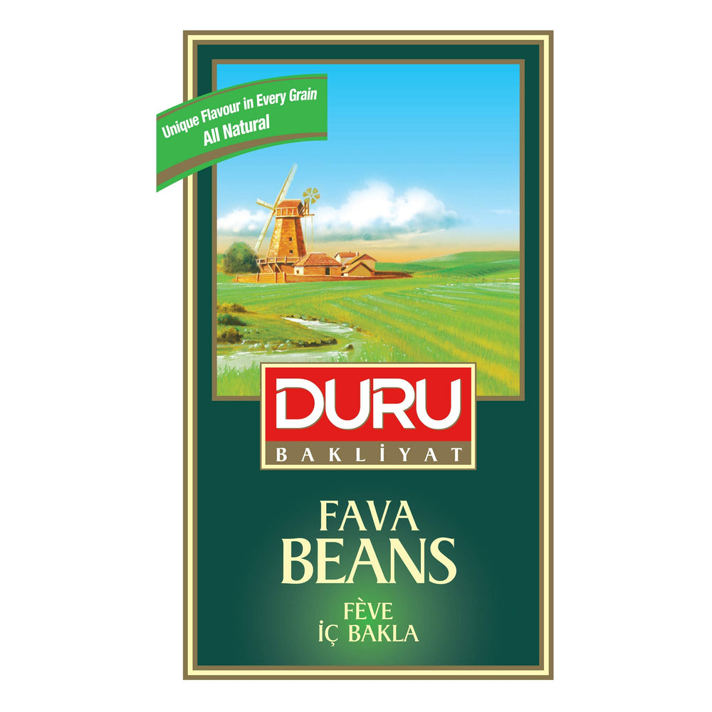 Duru fava beans nutrition highlights fiber and minerals on the label.