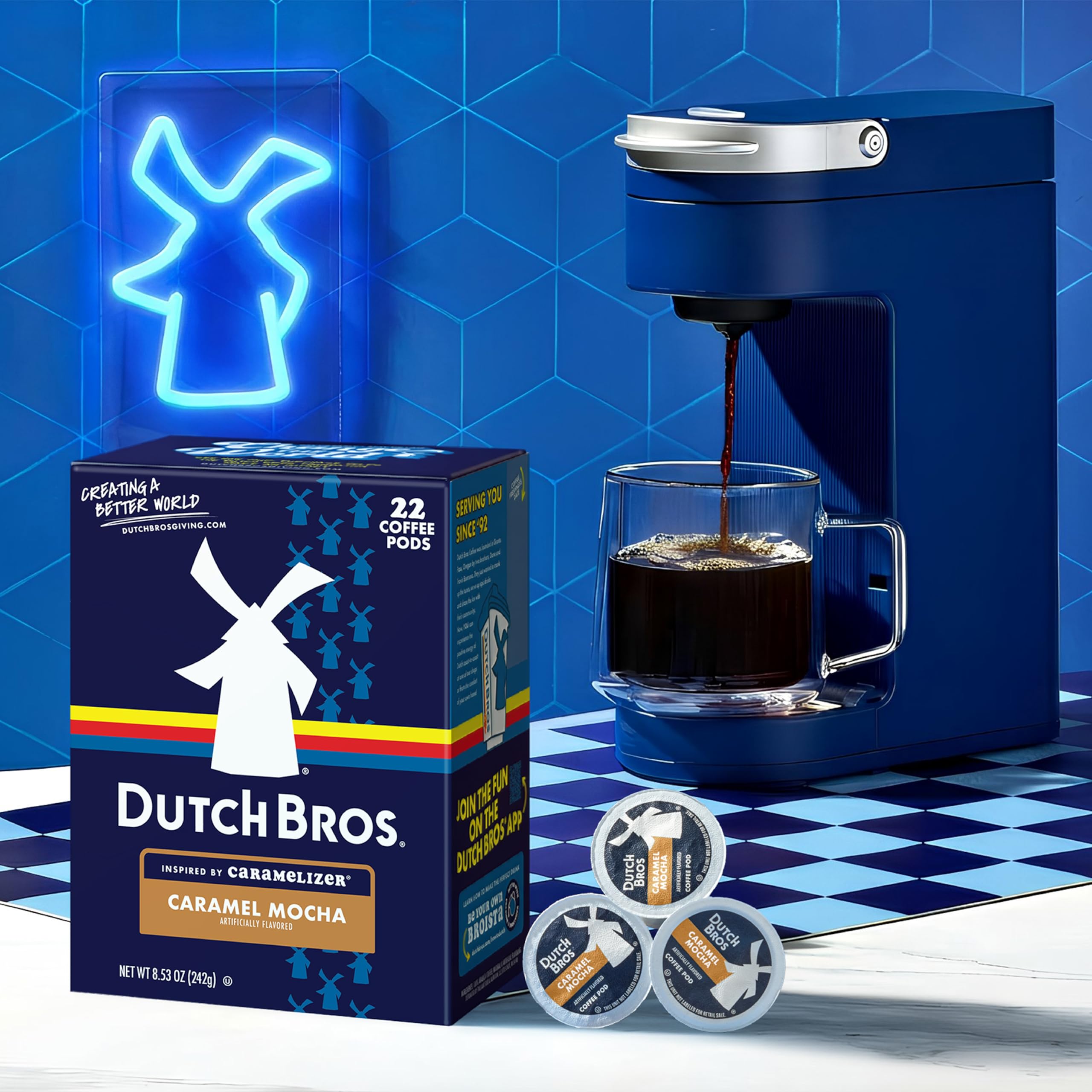 Dutch Bros Caramel Mocha box opened on a kitchen counter for quick pickup.