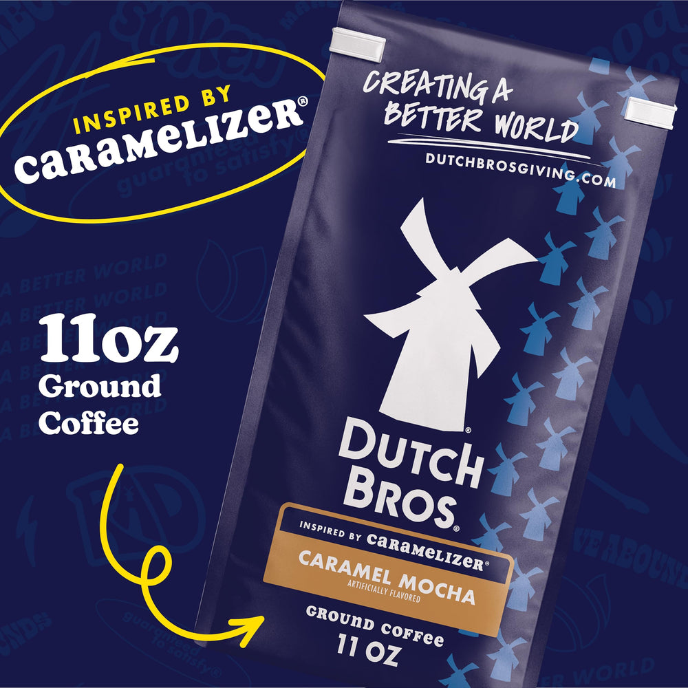 Dutch Bros Caramel Mocha coffee pouring into a mug for a cozy daily treat.