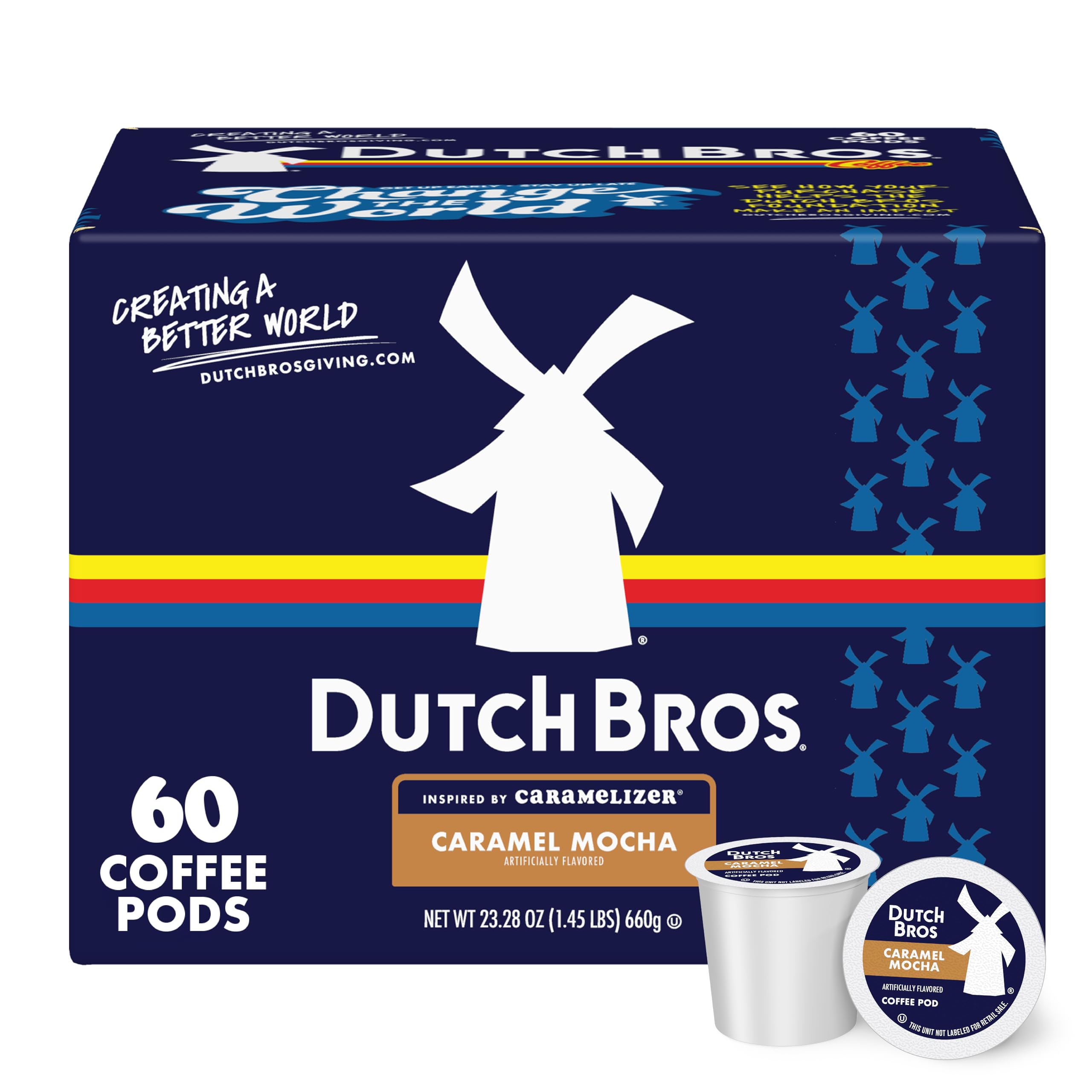 Dutch Bros Caramel Mocha pods packaging highlights convenience for busy mornings.