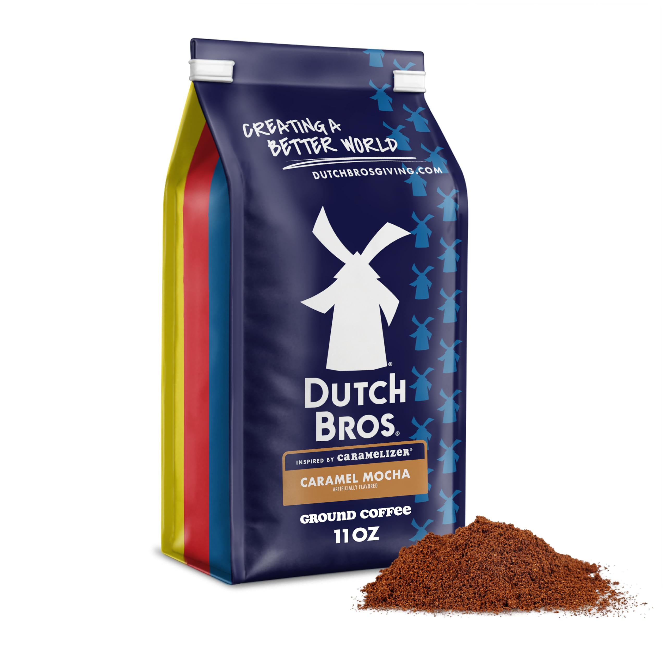 Dutch Bros Caramel Mocha ground coffee bag ready for a rich morning brew.