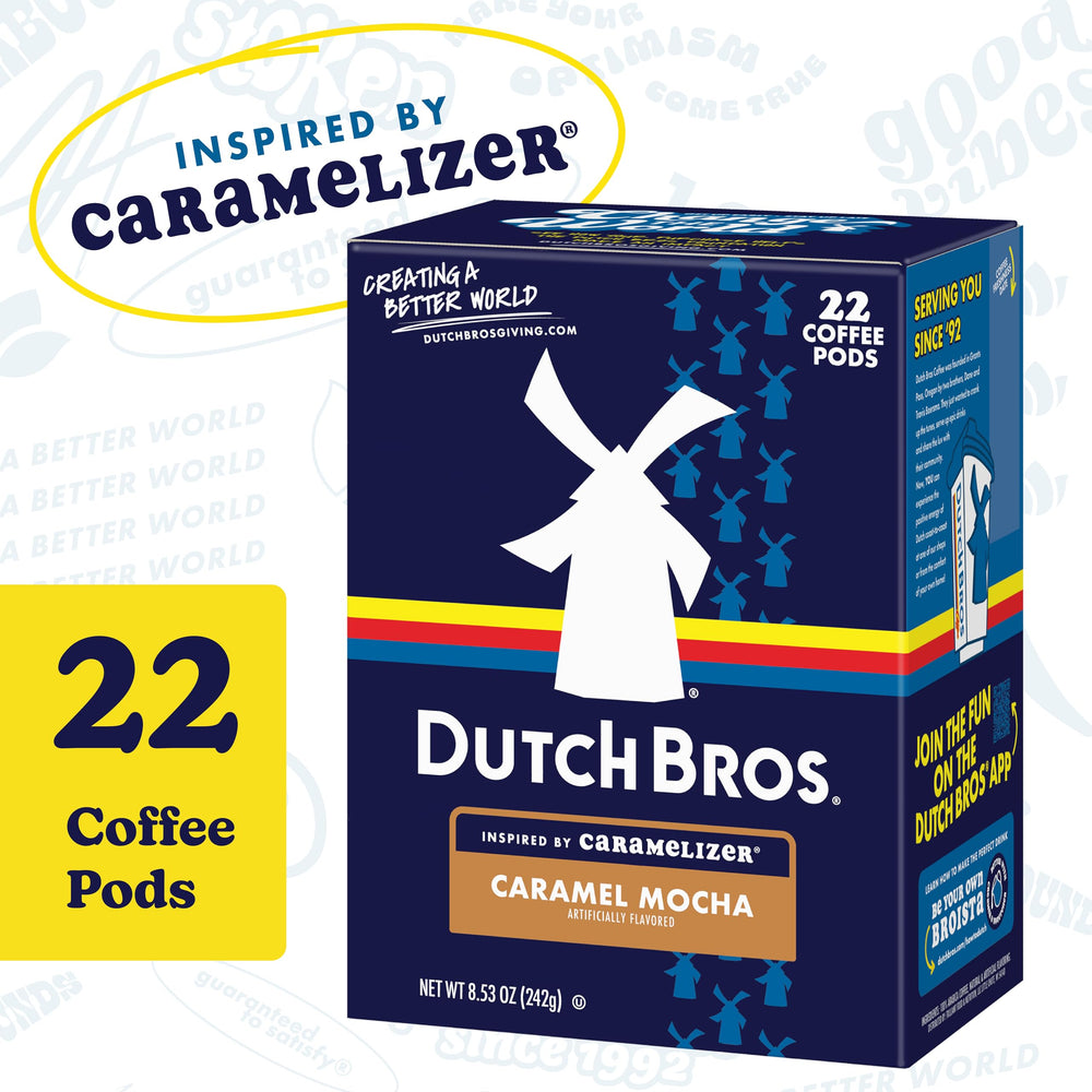 Dutch Bros Caramel Mocha pod close-up label showing 100% Arabica beans.