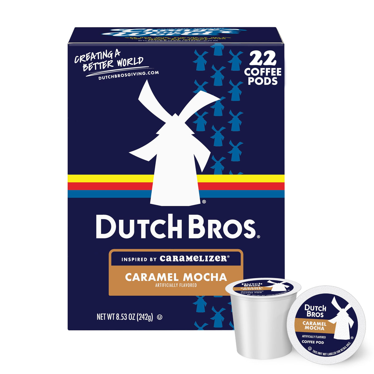Dutch Bros Caramel Mocha pod pack front view, convenient daily coffee solution.