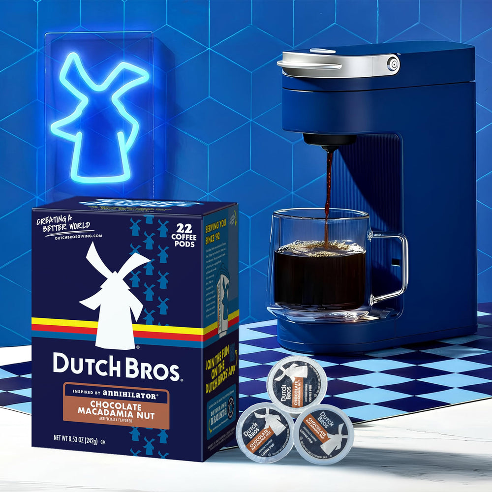 Pod pouring into cup for smooth medium roast brew