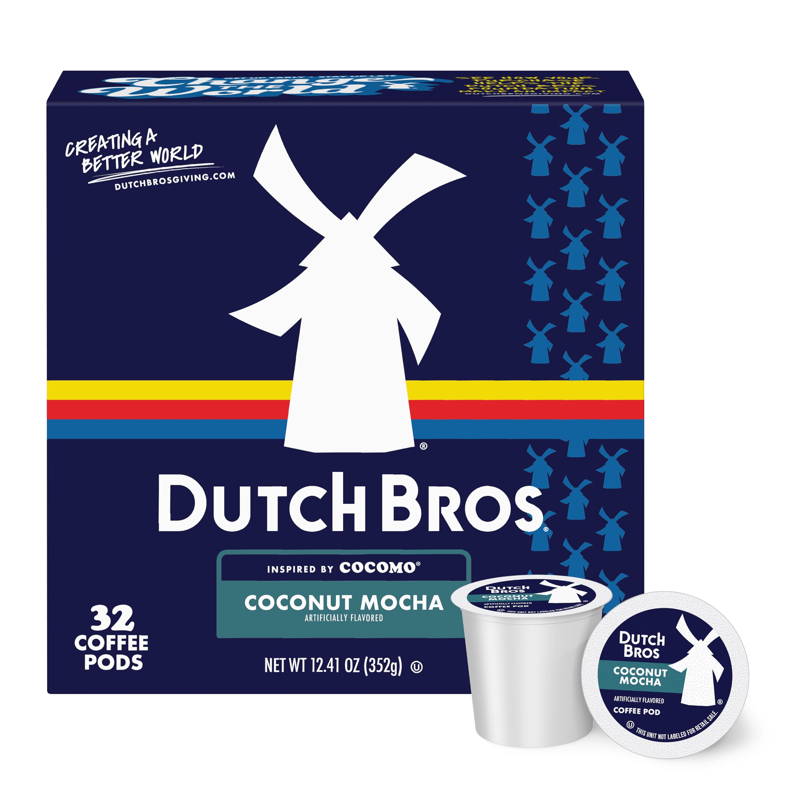 Dutch Bros Coconut Mocha coffee pods box front for convenient tropical mornings
