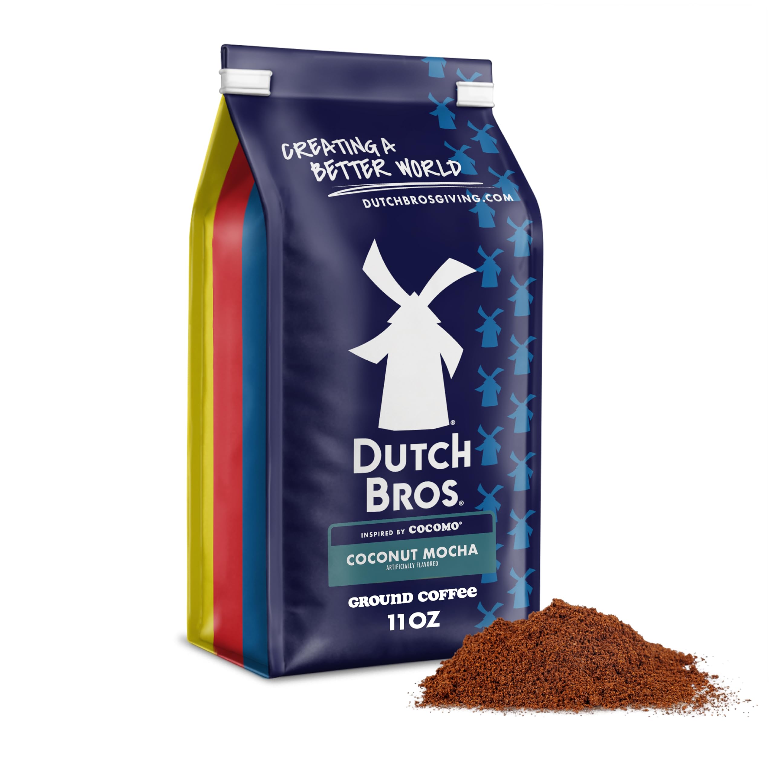 Dutch Bros Coconut Mocha Ground Coffee bag showing rich coconut notes for tropical-inspired mornings.