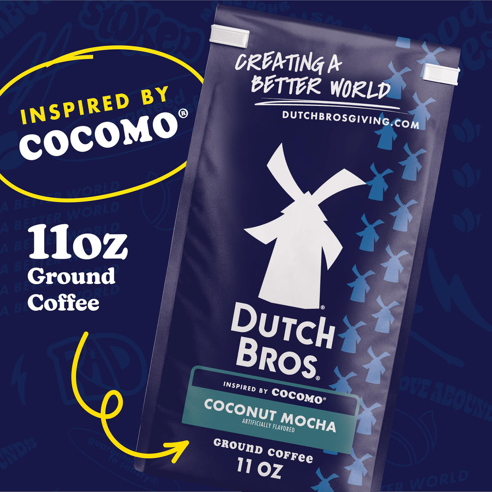 Dutch Bros Coconut Mocha Ground Coffee in packaging ready to brew at home for convenient daily brew.