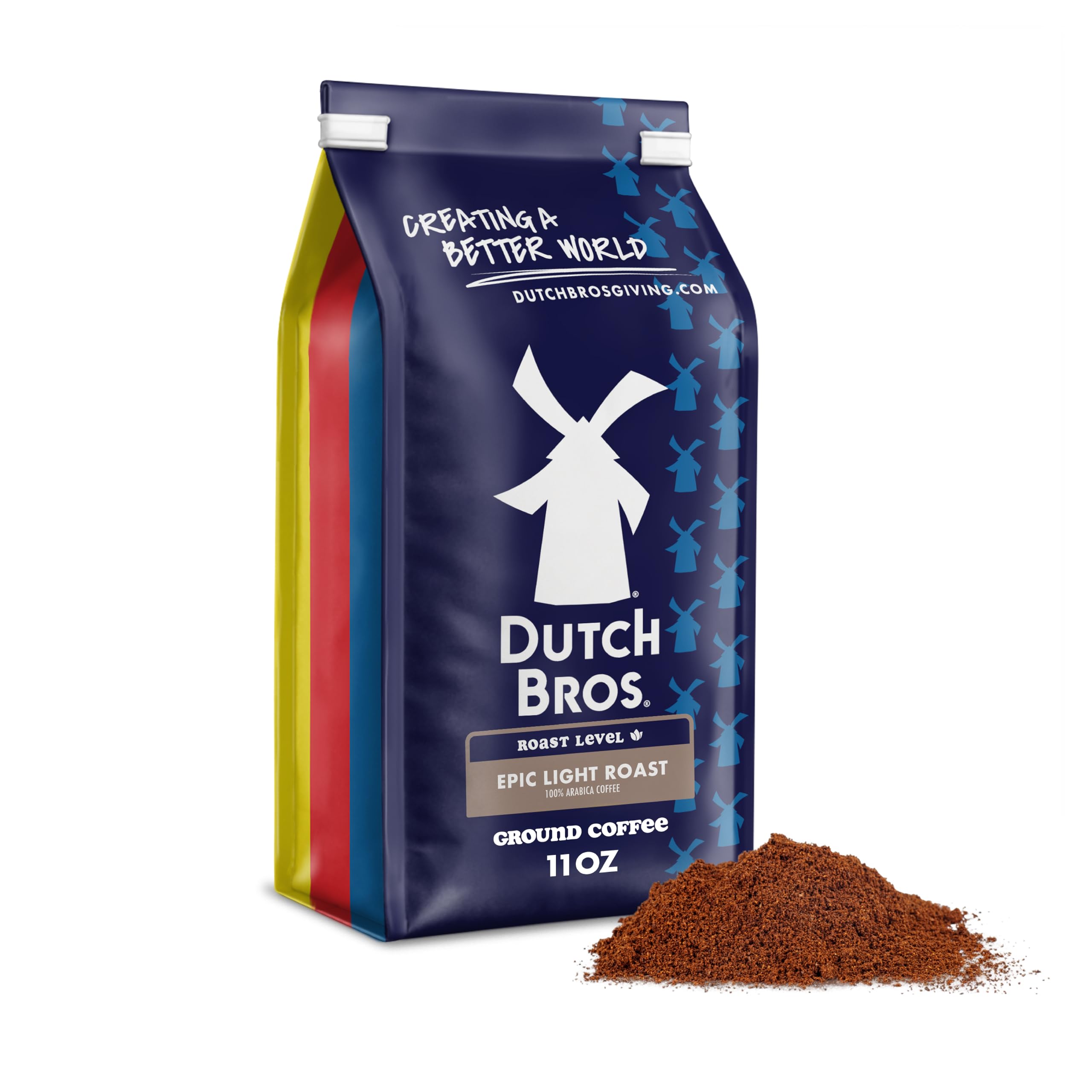 Dutch Bros Epic Light Roast ground coffee in a bag shows premium Arabica flavor