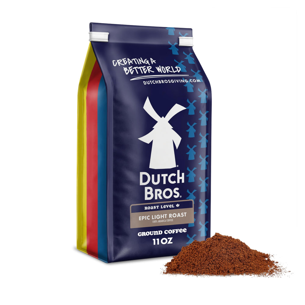 Dutch Bros Epic Light Roast ground coffee in a bag shows premium Arabica flavor