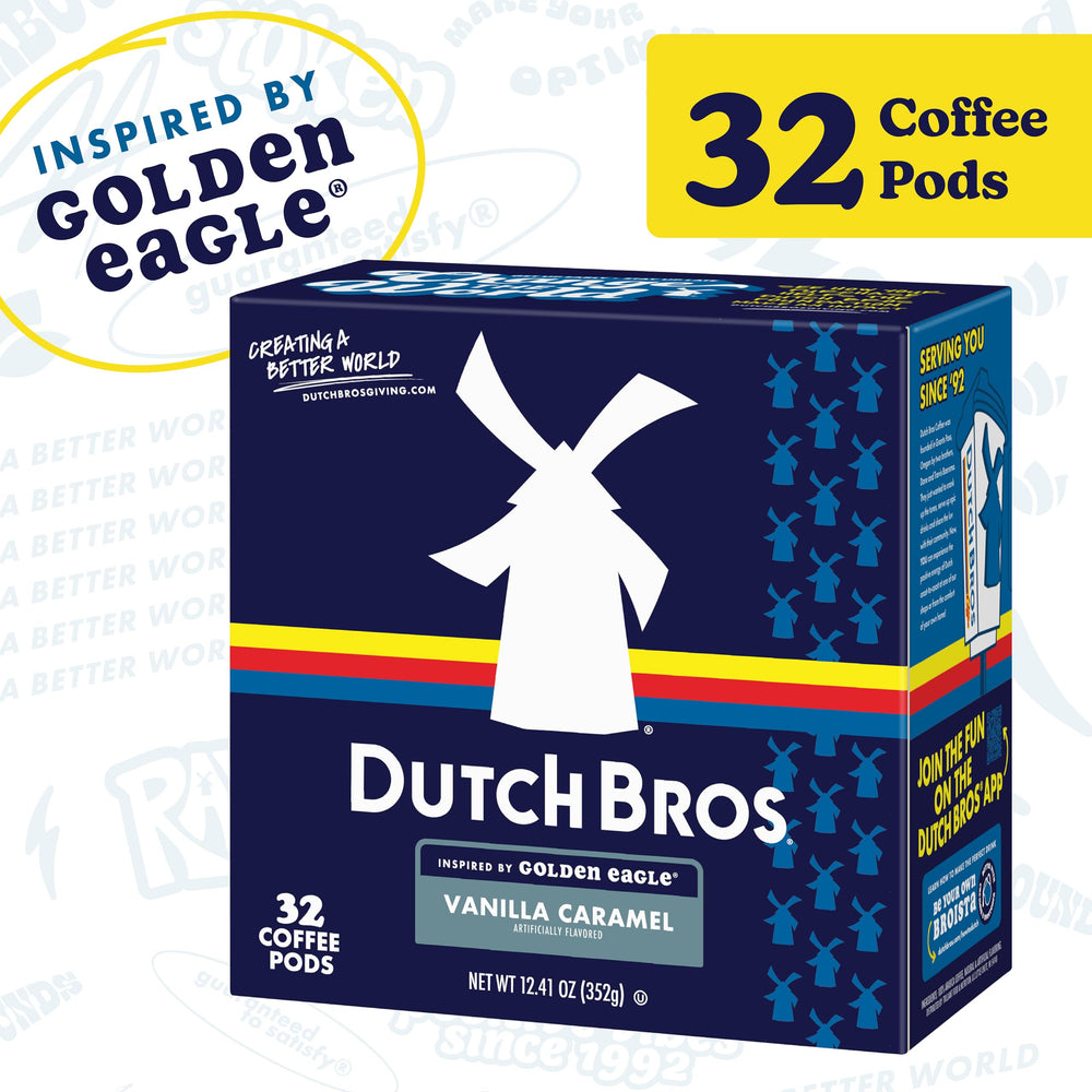 Dutch Bros Golden Eagle inspired coffee pods on display for home enjoyment