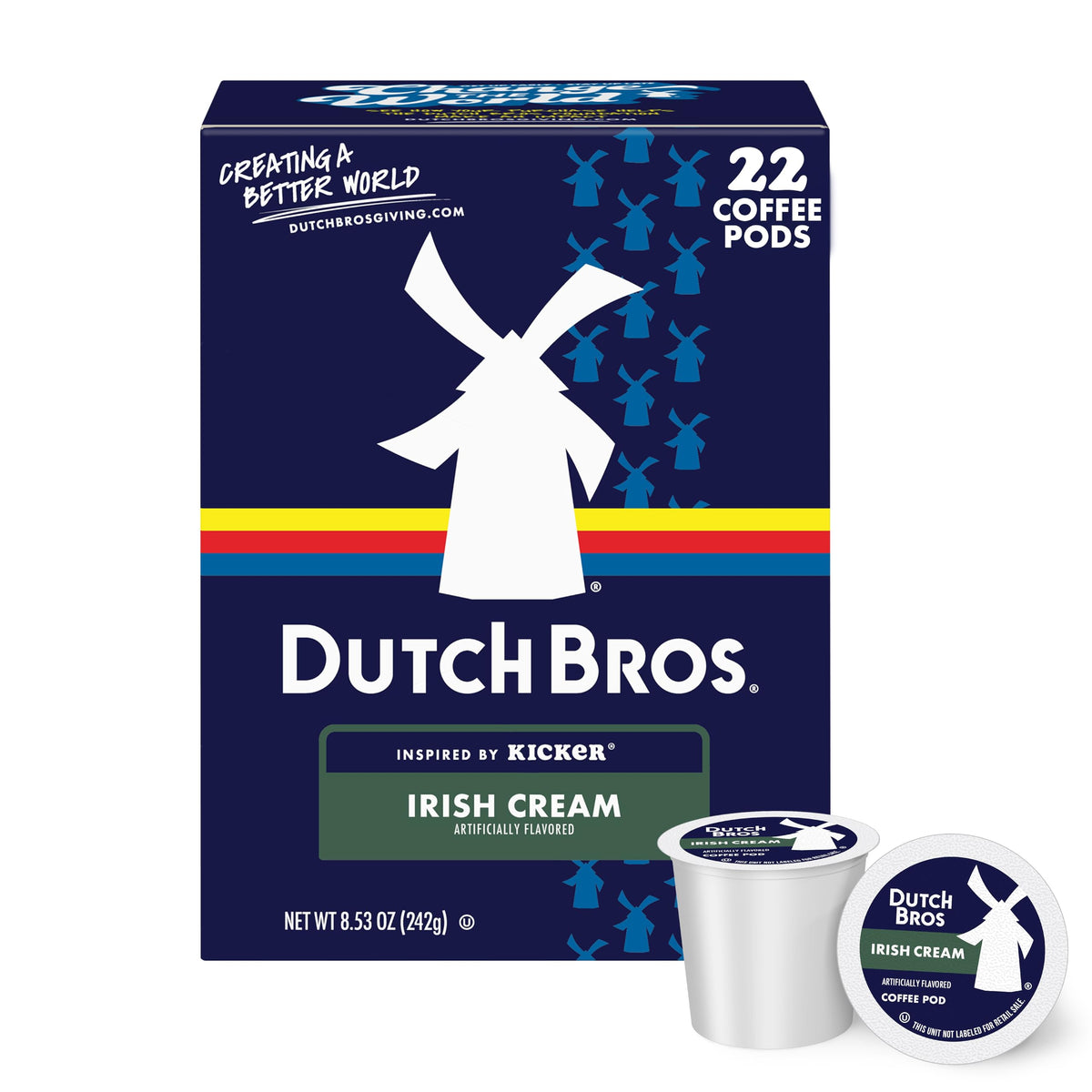 Dutch Bros Irish Cream pods box displaying packaging for quick flavor selection.