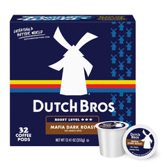 Dutch Bros Mafia Dark Roast box with 32 pods, ideal for quick mornings.