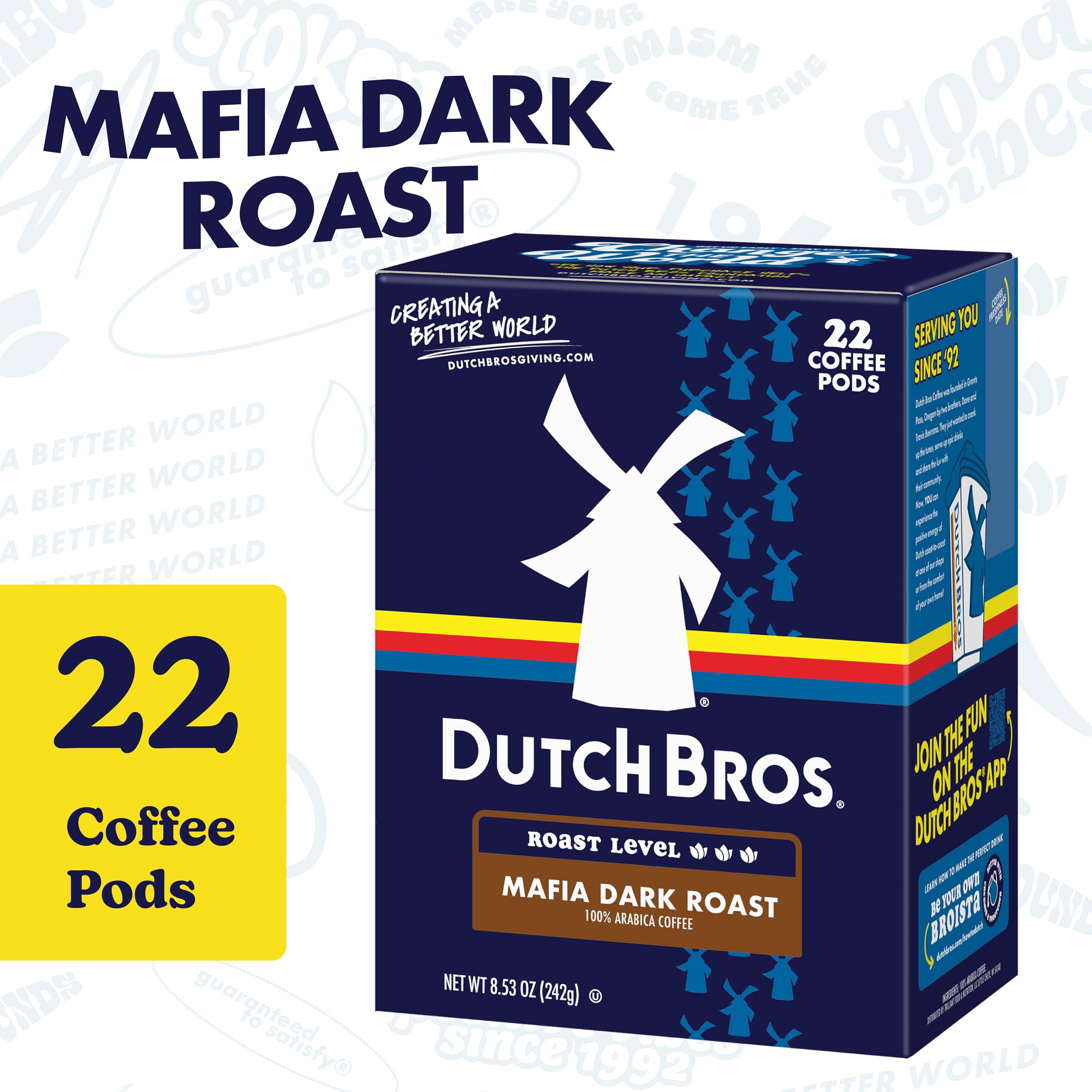 Dutch Bros Mafia Dark Roast box back highlights flavor notes and pod details