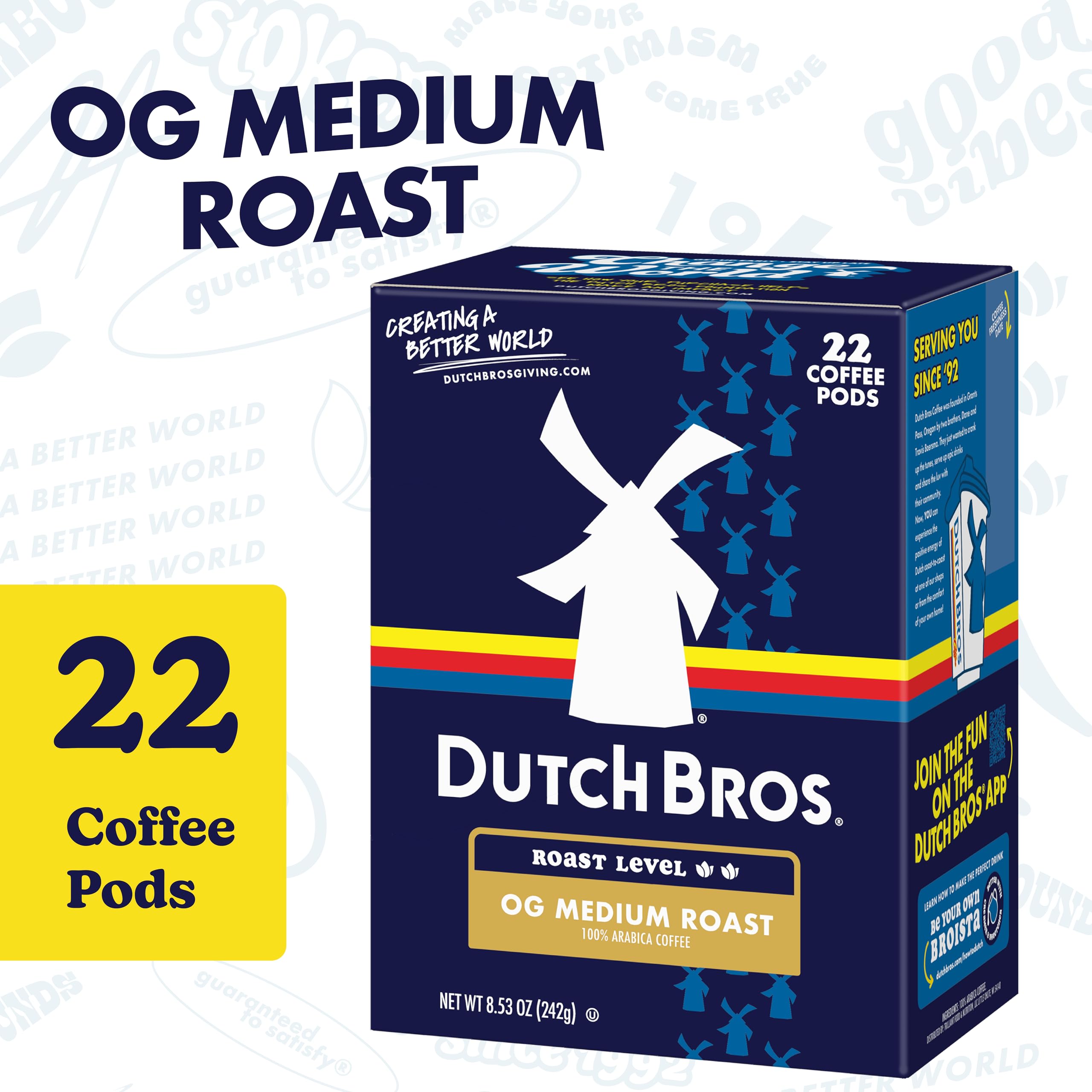 Dutch Bros OG Medium Roast pods front view, compact packaging for quick brew