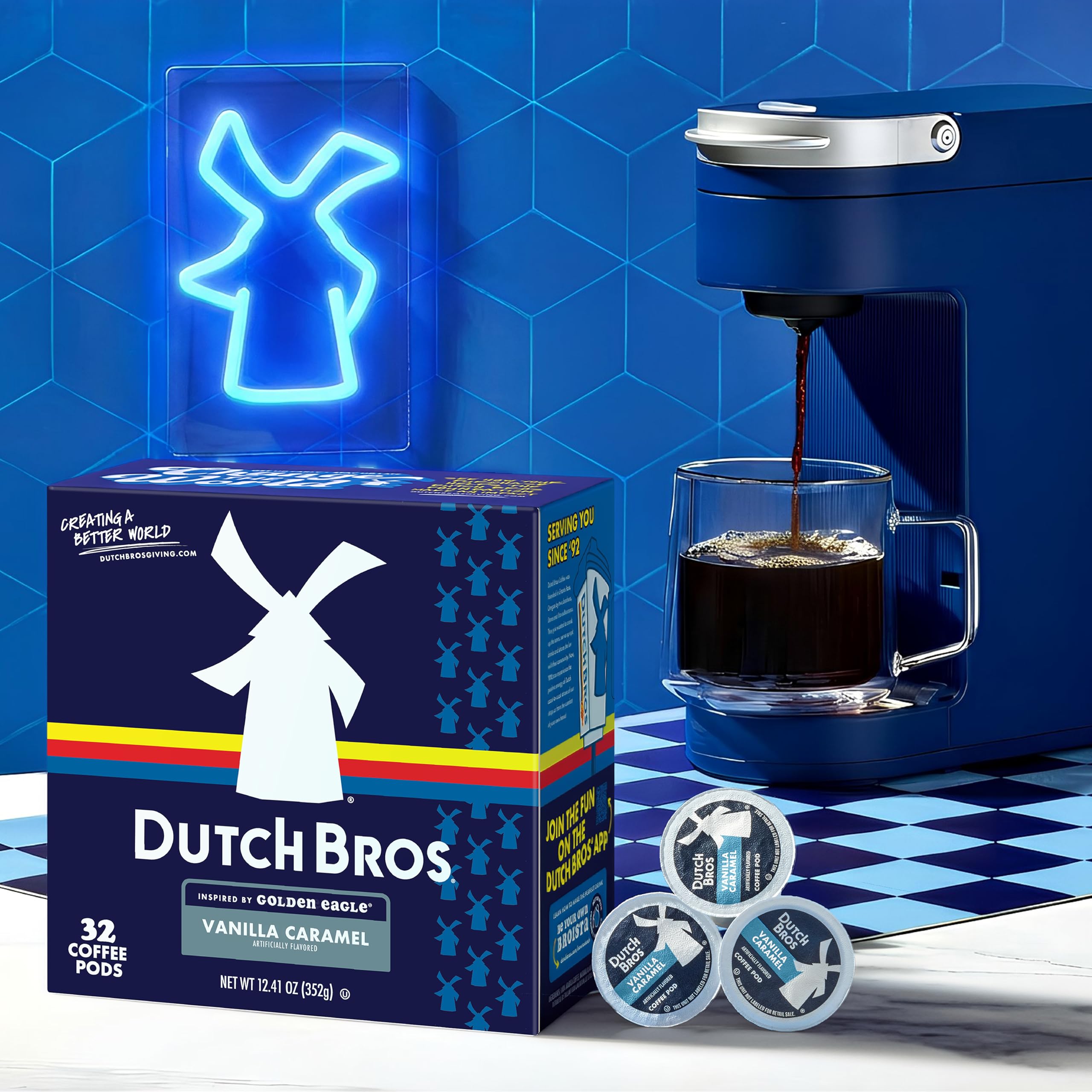 Pods packaging front view highlighting bold Dutch Bros branding