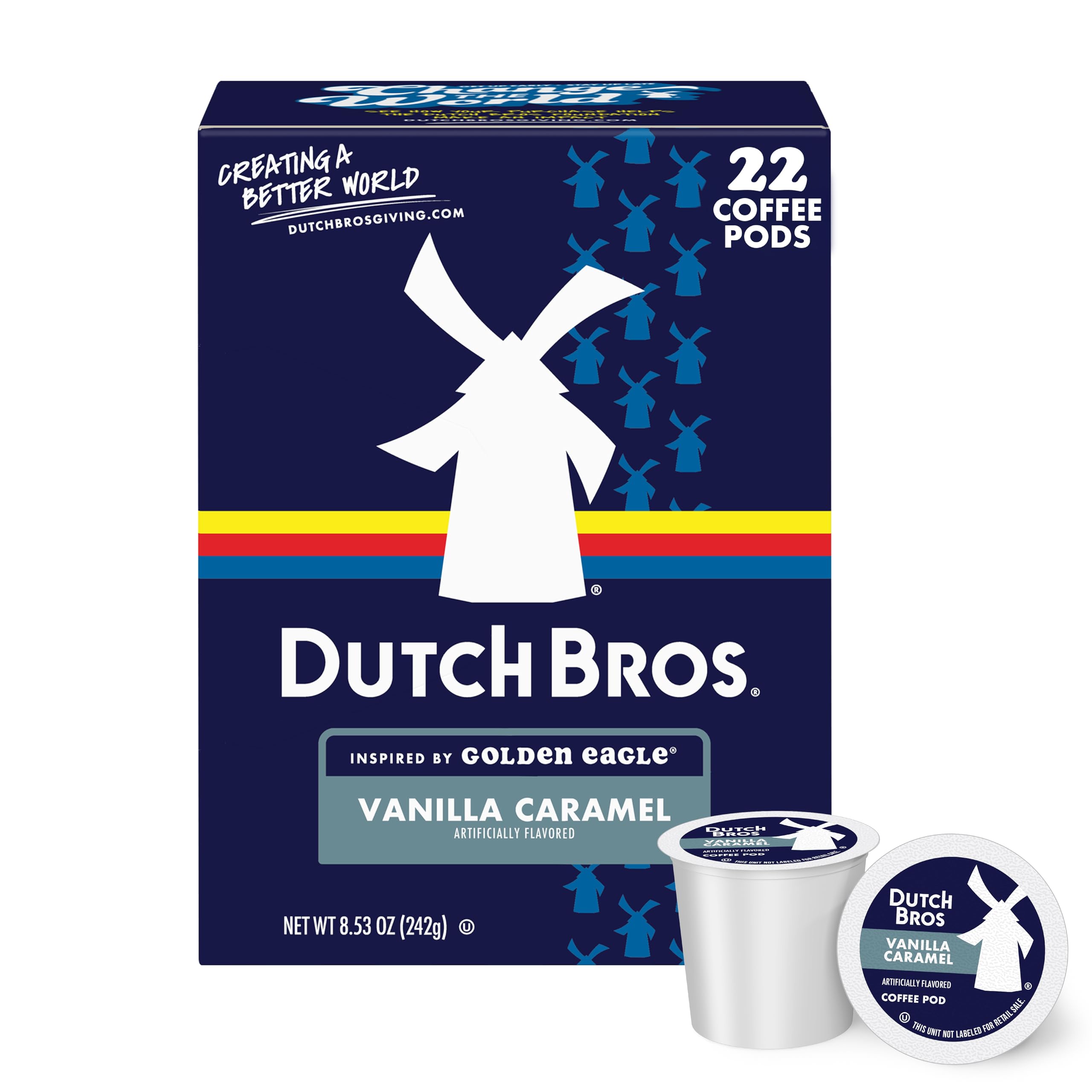 Dutch Bros Vanilla Caramel flavored coffee pods box for Keurig brewers