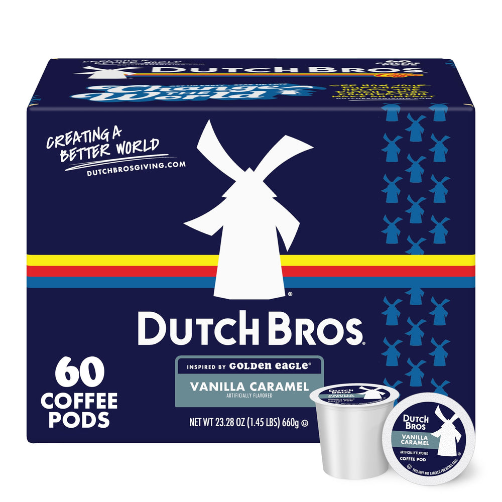 Dutch Bros Vanilla Caramel Golden Eagle box with 60 premium Arabica pods for Keurig brewers