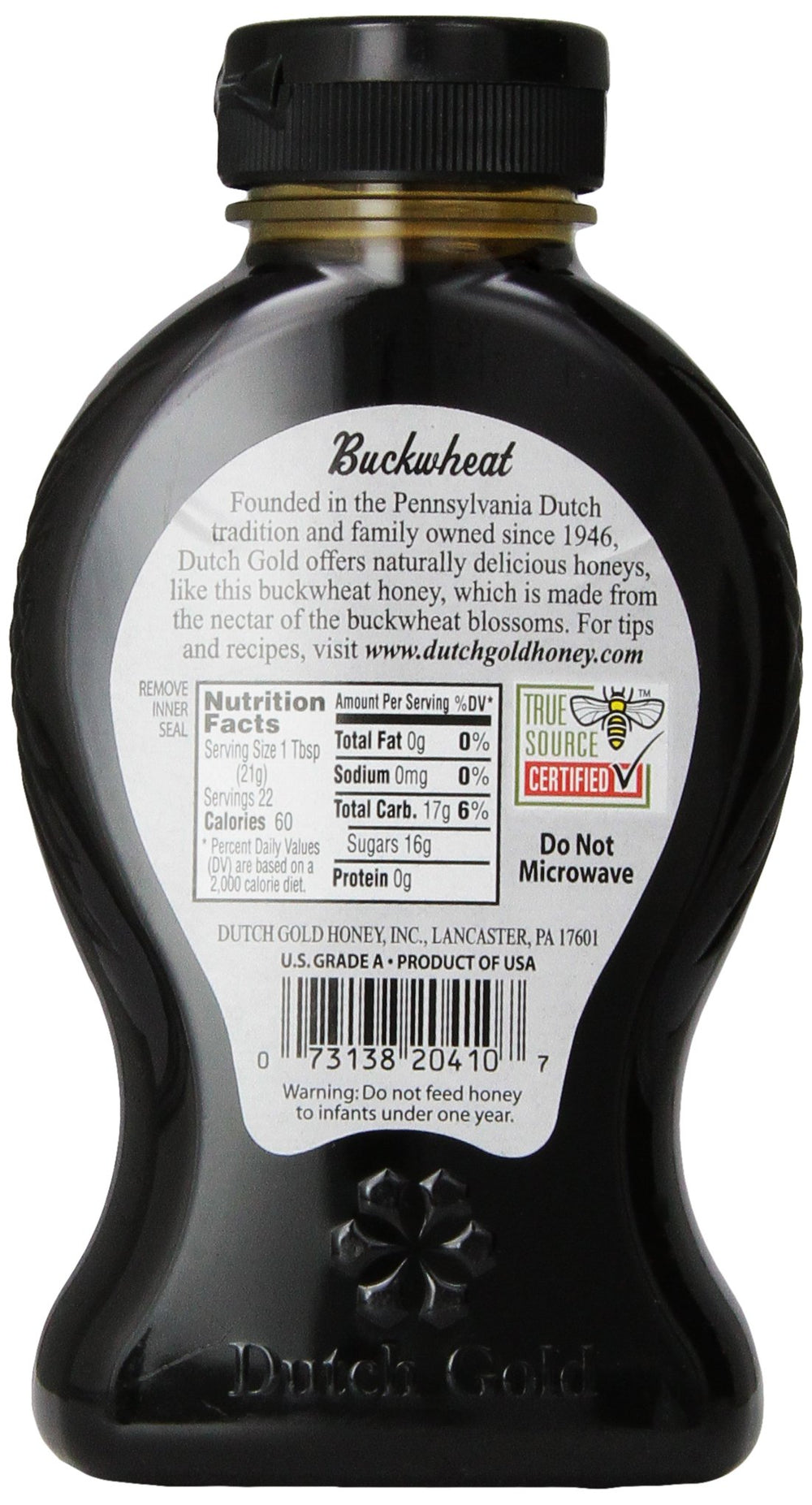 Dutch Gold Honey Buckwheat jar and spoon showing smooth pour and versatile sweetener.