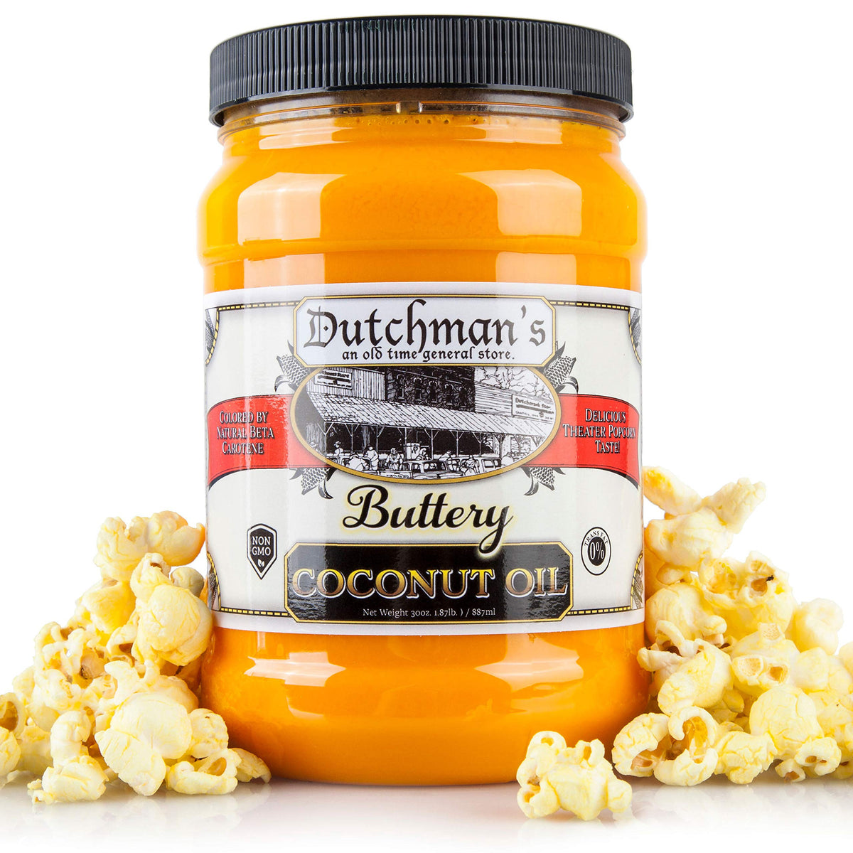 Dutchman’s Popcorn Coconut Oil jar front view for theater-style popcorn at home.