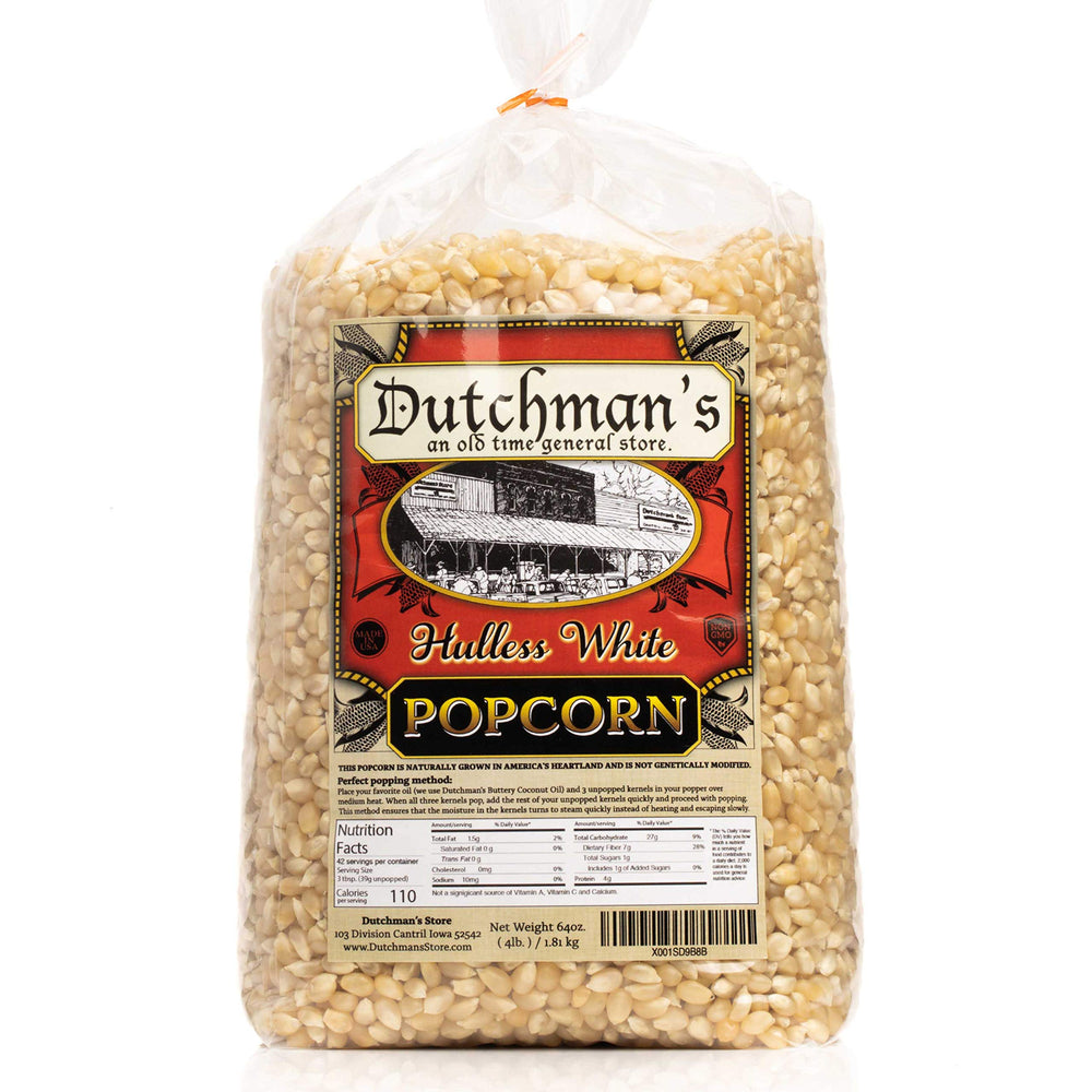 Dutchman's White Popcorn kernels for microwave popping; fluffy results.