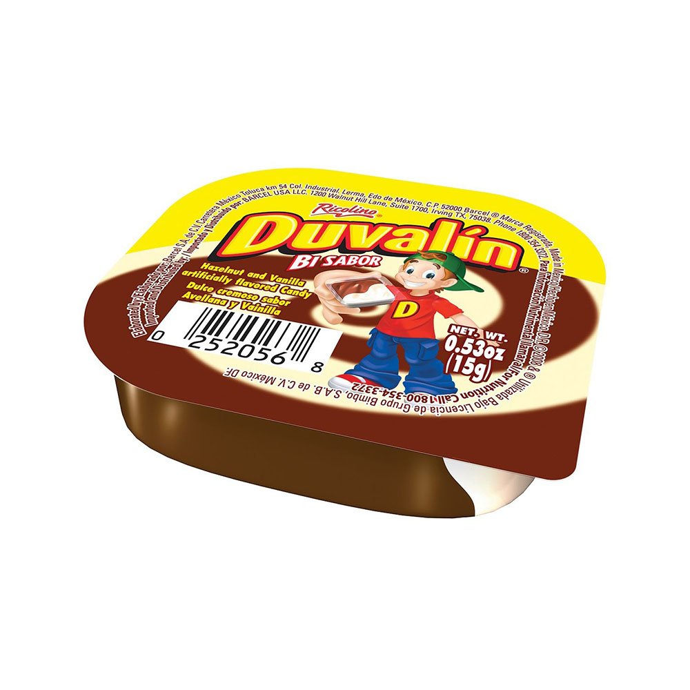 Duvalin packaging highlighting hazelnut, strawberry, vanilla flavors.