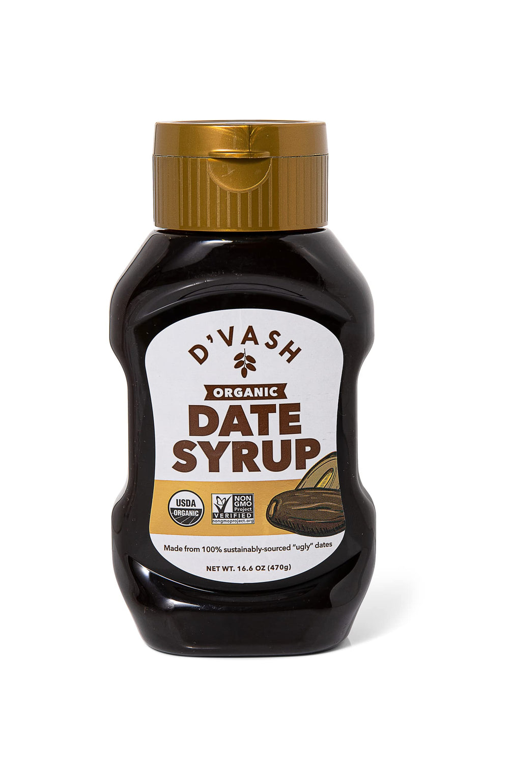 D'Vash Organic Date Syrup bottle front view highlights natural sweetness for everyday recipes