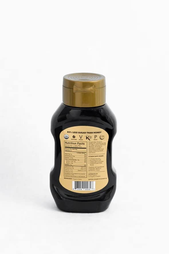 Label closeup of D'Vash Organic Date Syrup showing 100% dates and clean ingredients