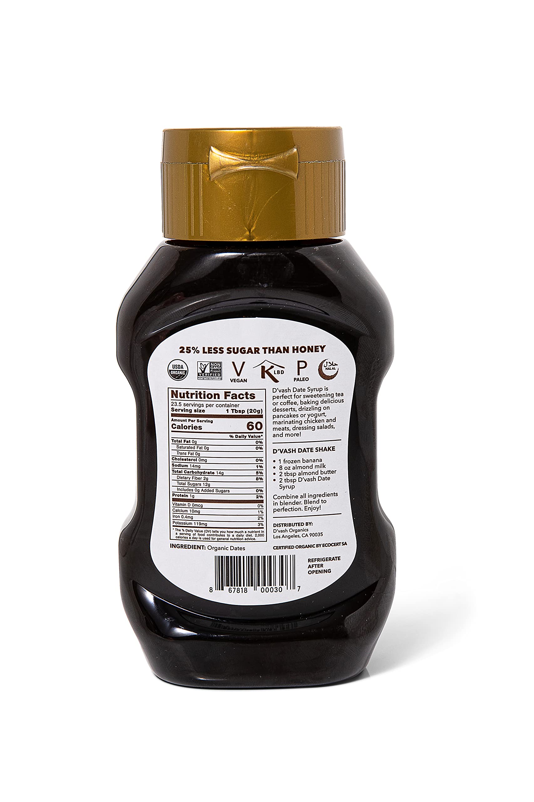 D'Vash Organic Date Syrup being poured for a smooth drizzle on dishes