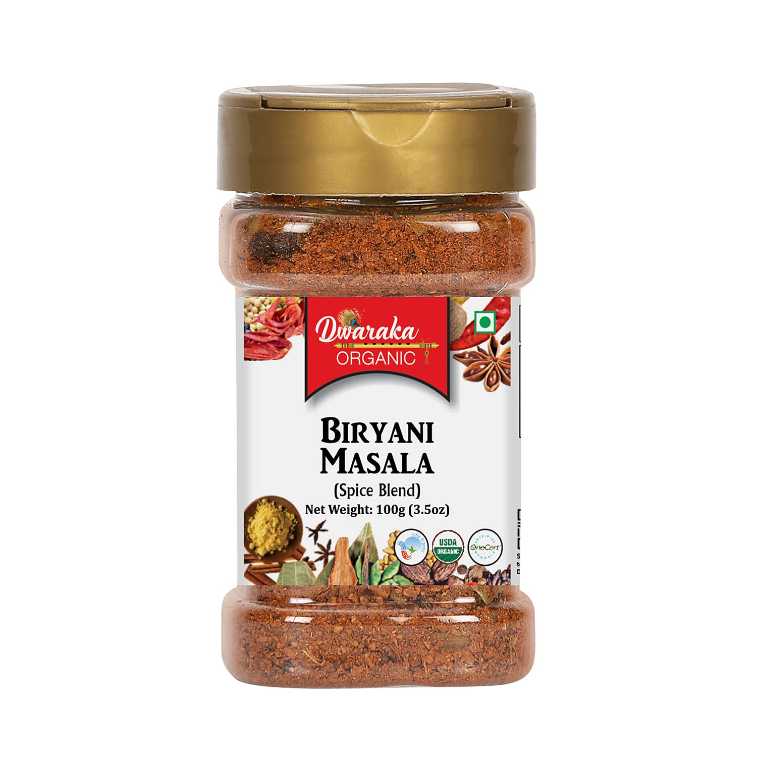 Dwaraka Organic Biryani Masala Powder jar highlights authentic spice blend for flavorful biryani at home.