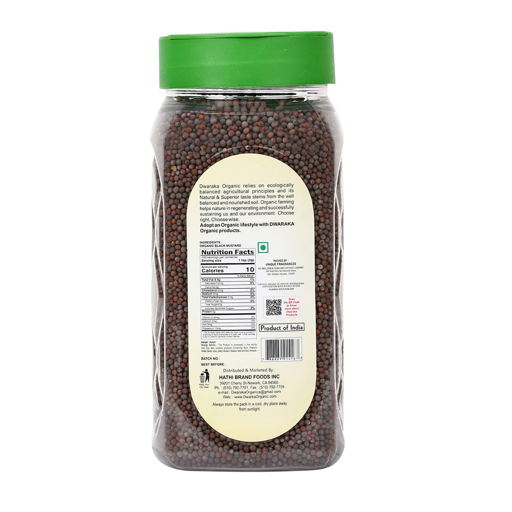 DWARAKA Organic Black Mustard Seeds close-up, tiny seeds perfect for sizzling curries.