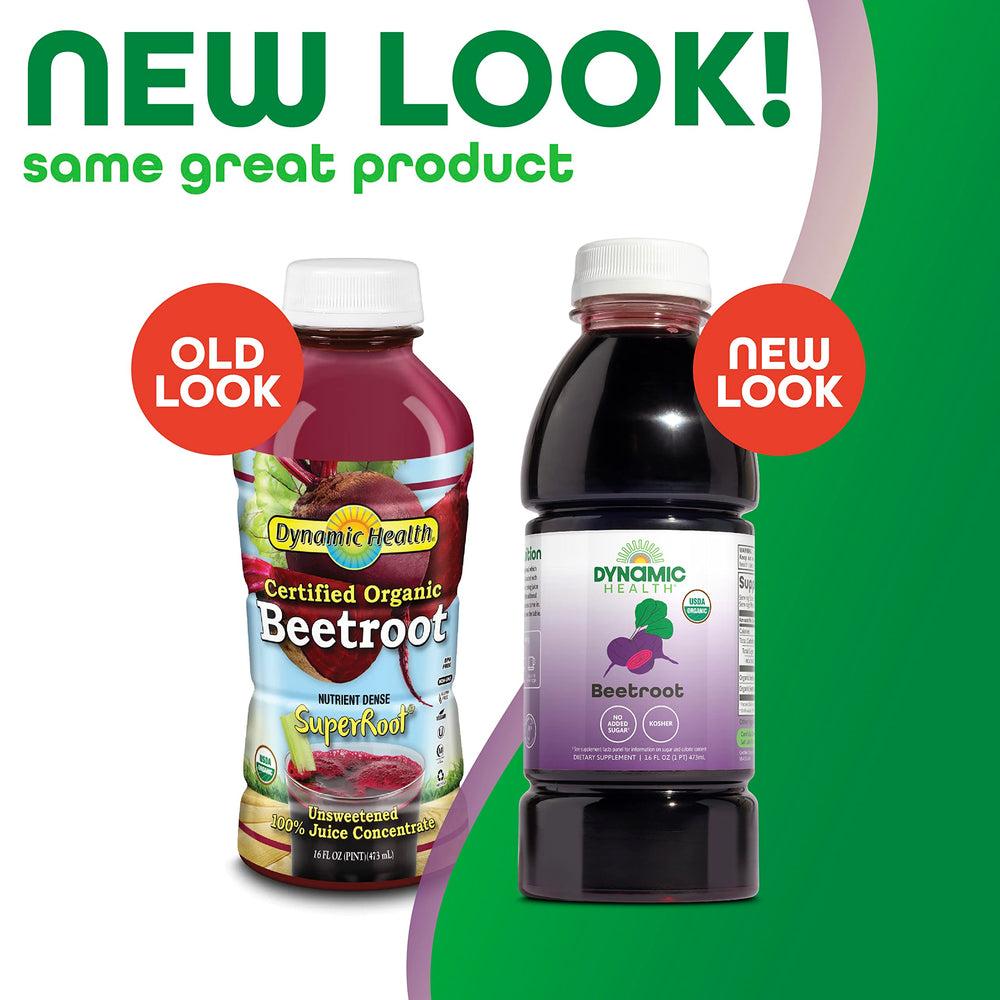 Dynamic Health Beetroot Juice Concentrate label closeup highlights organic quality and purity.