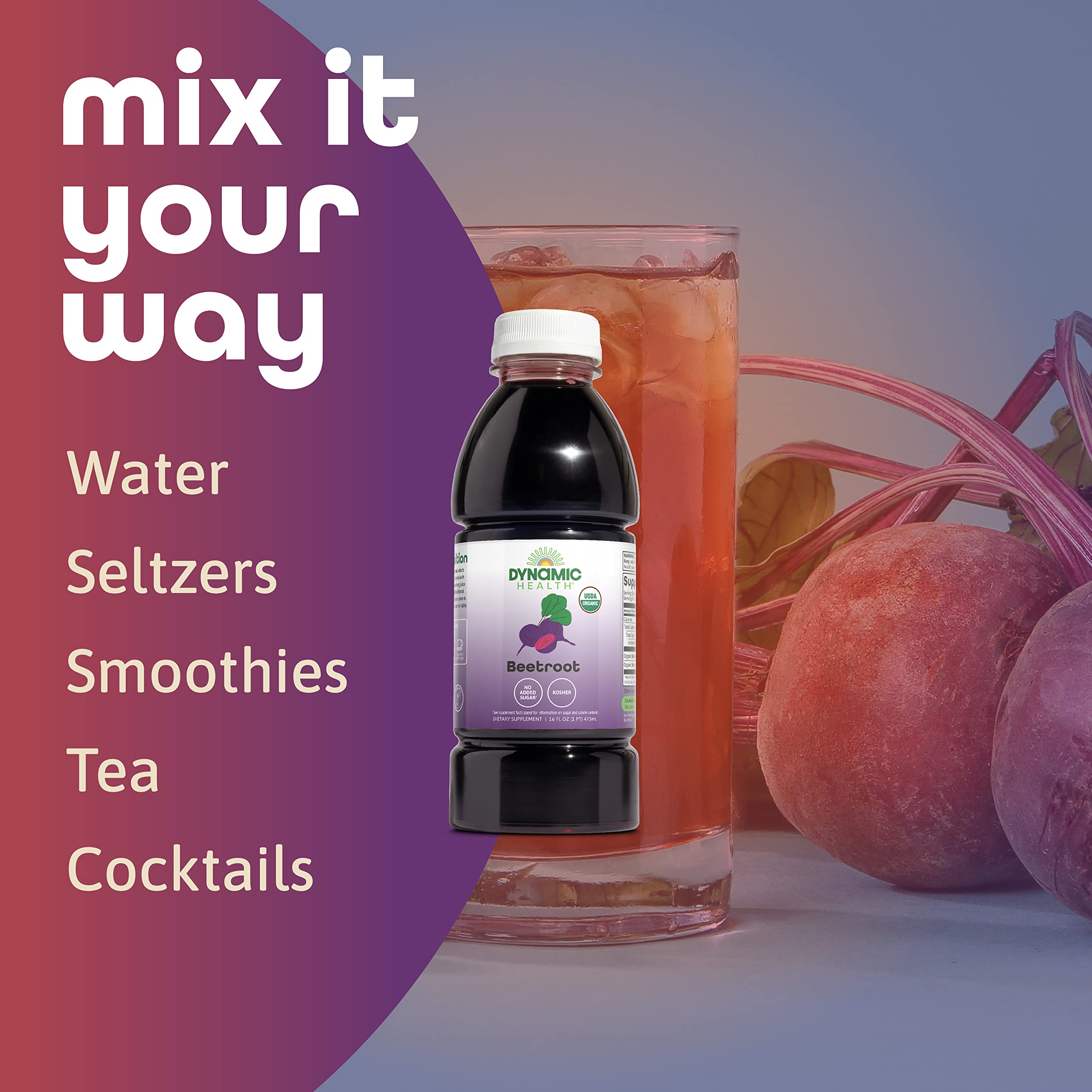 Dynamic Health Beetroot Juice Concentrate sugar-free badge appeals to clean-label shoppers.