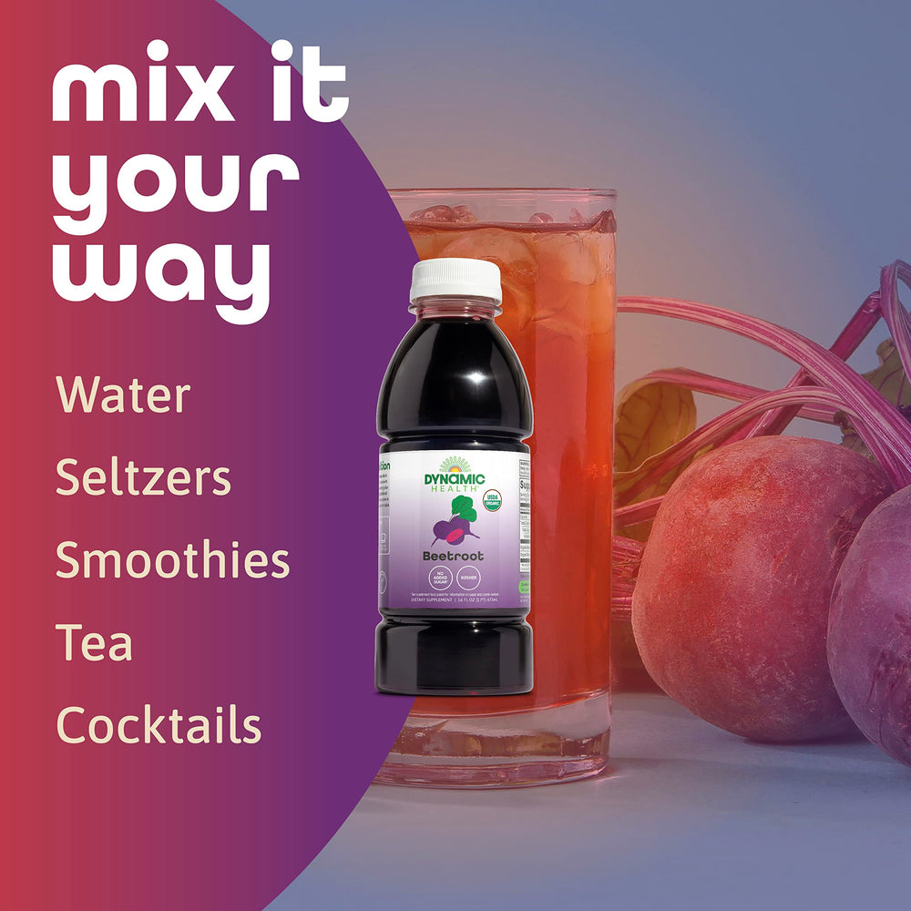 Dynamic Health Beetroot Juice Concentrate sugar-free badge appeals to clean-label shoppers.