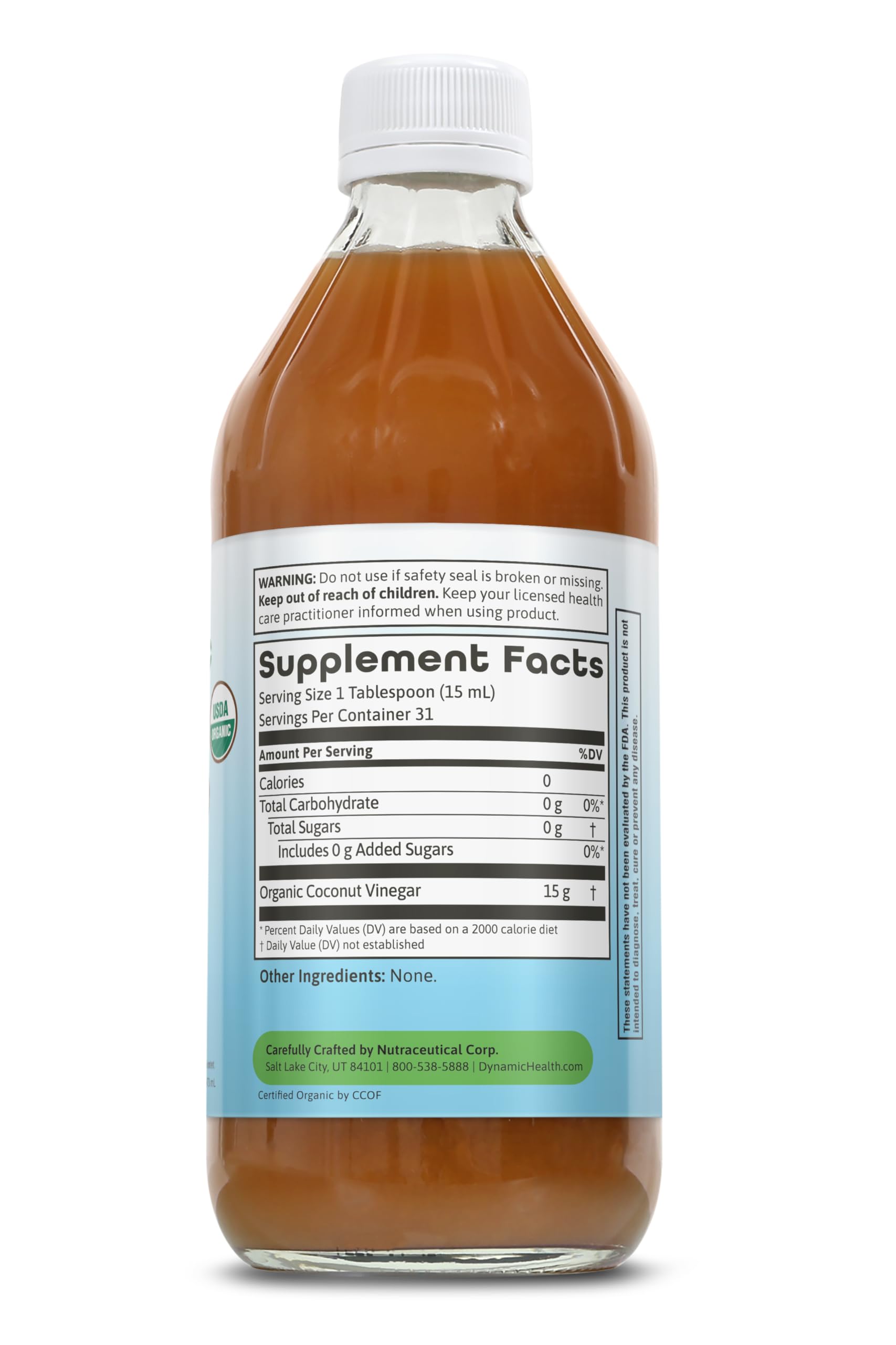 Dynamic Health coconut vinegar bottle pour highlights tangy versatility for salads and beverages