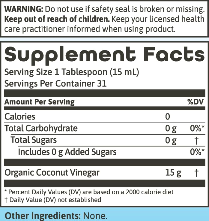 Dynamic Health Coconut Vinegar with Mother label view emphasizes raw mother for natural flavor