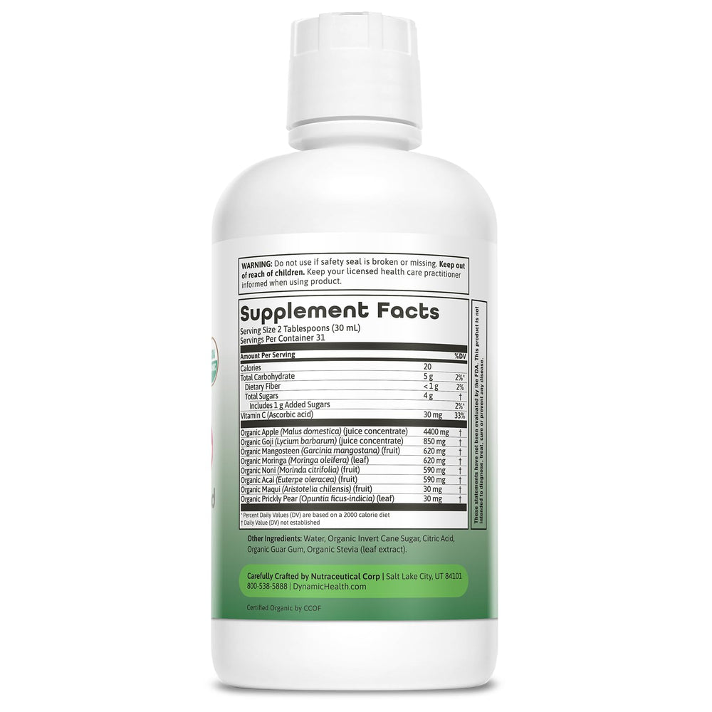 Dynamic Health Moringa Blend ingredients highlighted with six superfruits for wellness.