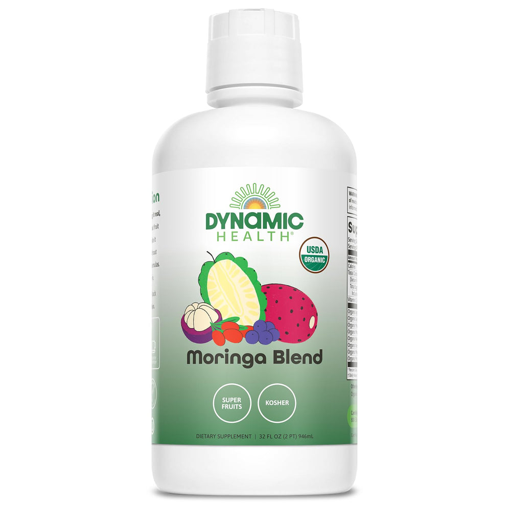 Dynamic Health Moringa Blend bottle displays USDA Organic certification and premium ingredients.