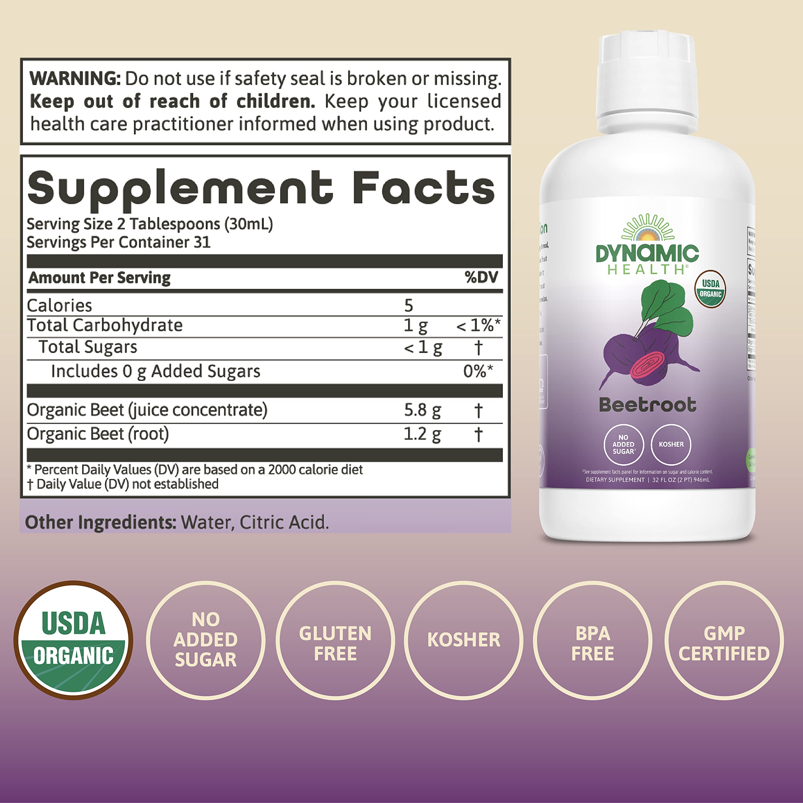 Dynamic Health Organic Beetroot label shows 100% organic ingredients