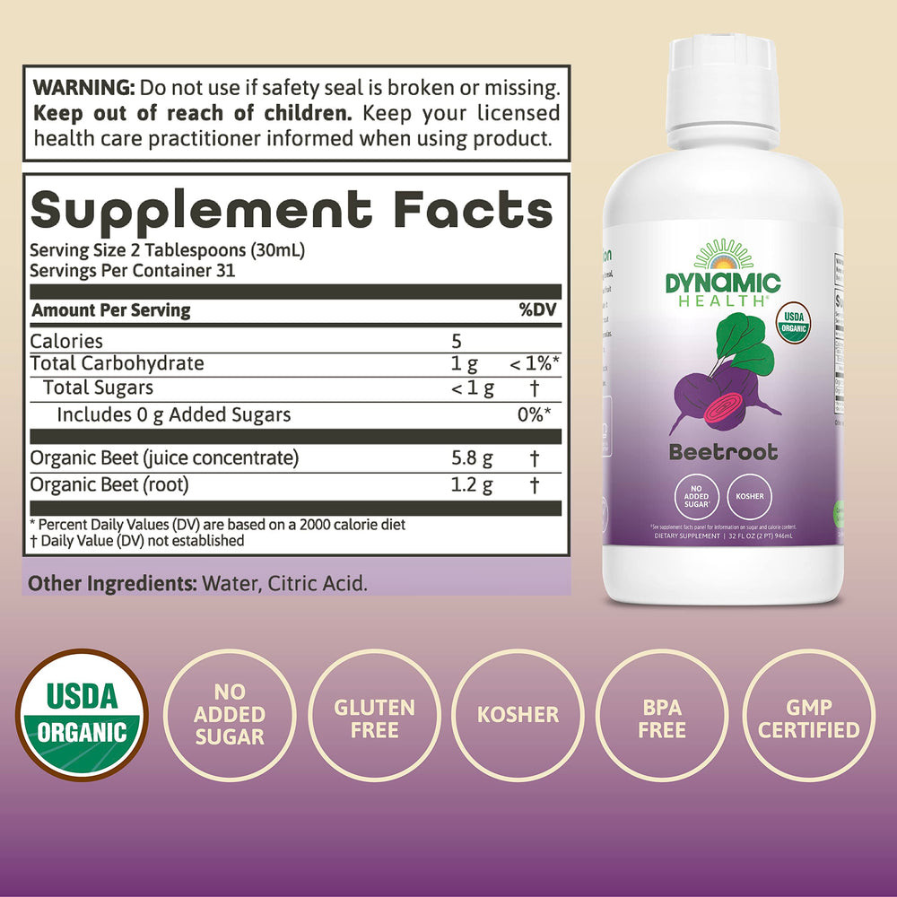 Dynamic Health Organic Beetroot label shows 100% organic ingredients
