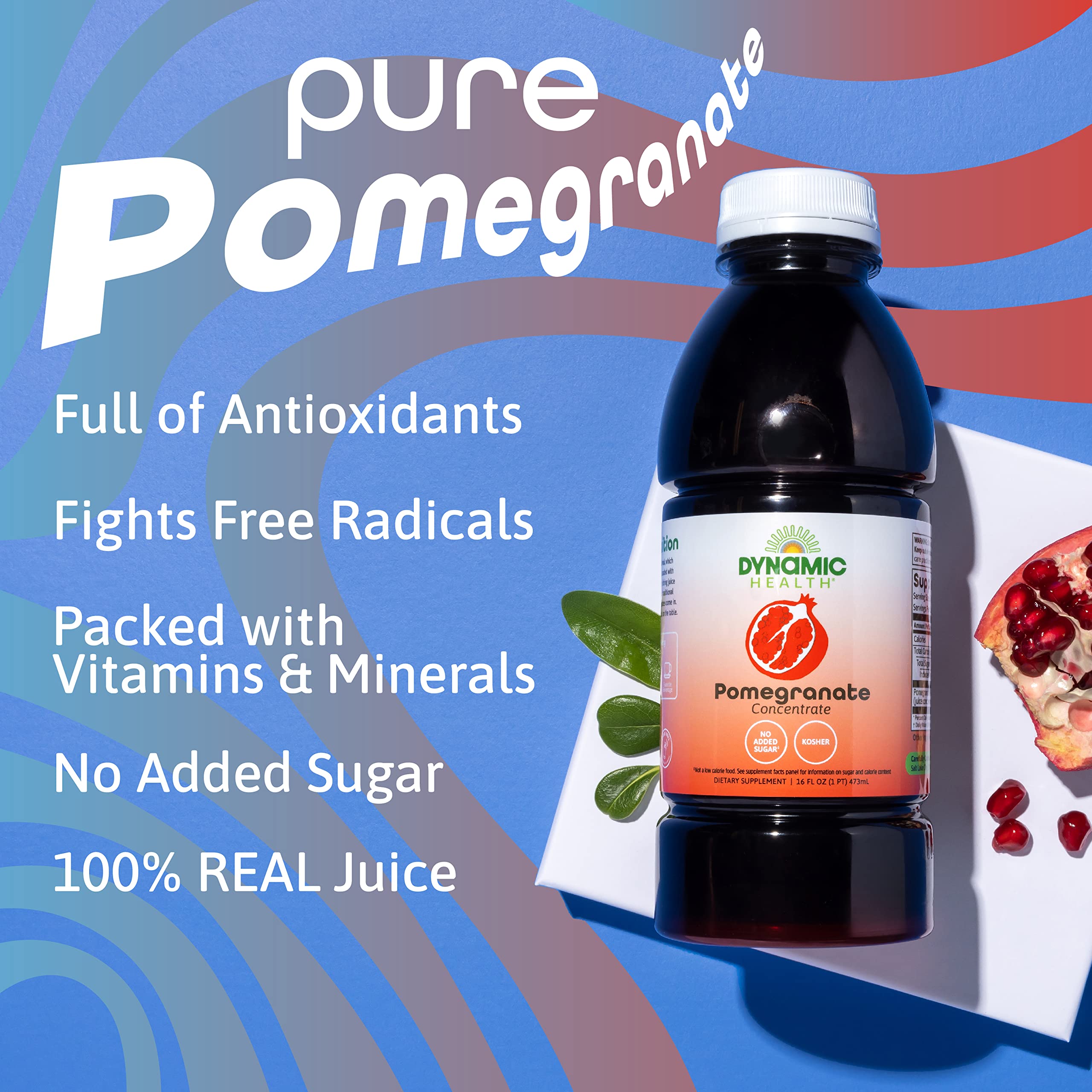Dynamic Health Pomegranate Juice Concentrate label emphasizes no additives.