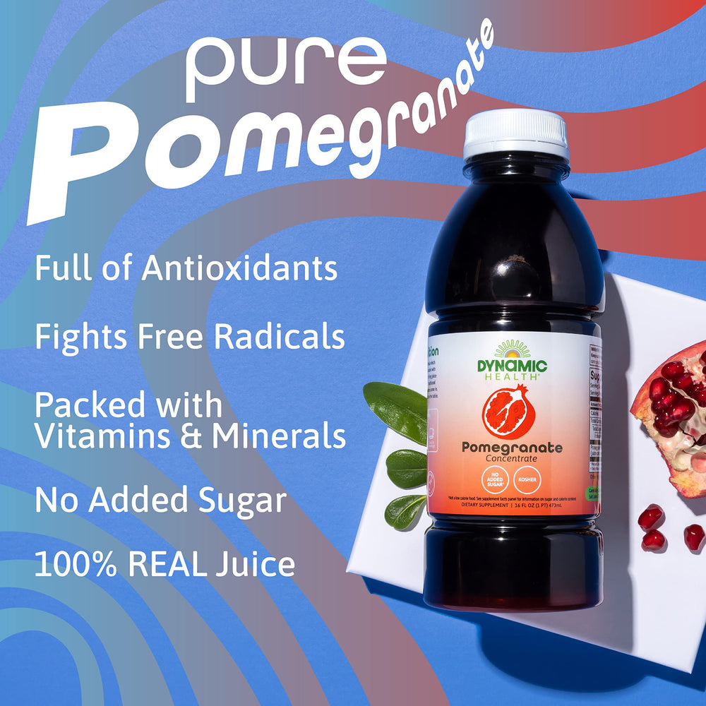 Dynamic Health Pomegranate Juice Concentrate label emphasizes no additives.