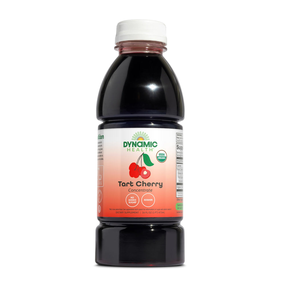 Dynamic Health tart cherry juice bottle with antioxidant-rich unsweetened 100% juice.