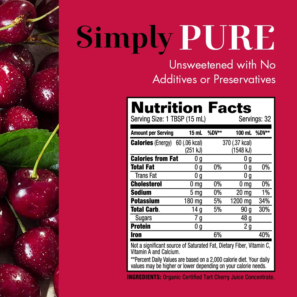 Dynamic Health Tart Cherry Juice Concentrate label close-up, organic and kosher quality.