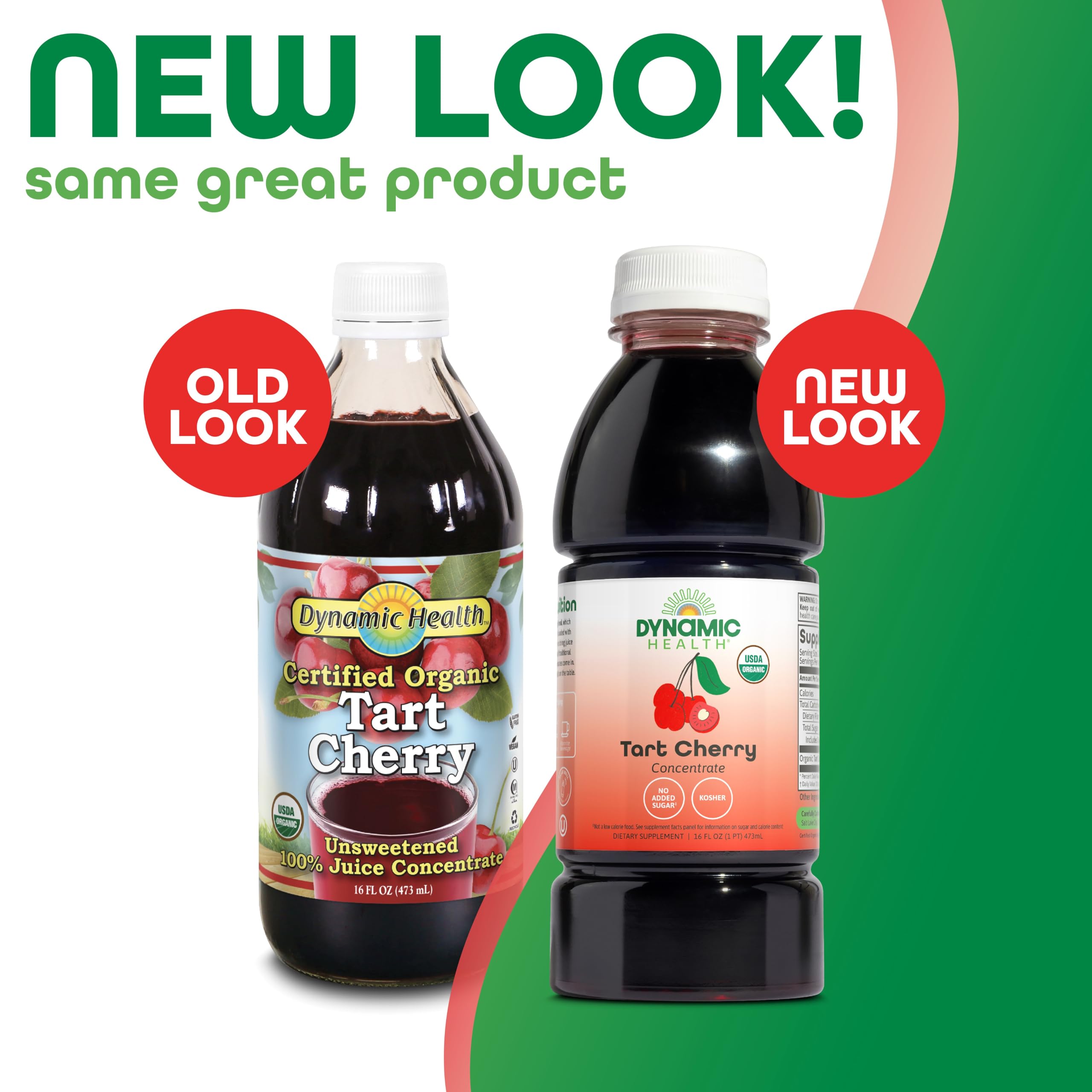 Dynamic Health tart cherry juice label closeup, showcasing purity and direct sourcing.